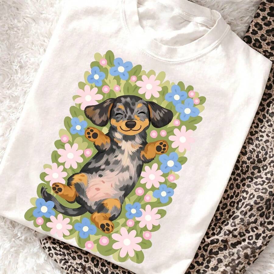 Women's Cute Puppy Dog Flower Graphic Print T‑Shirt Crew Neck Short Sleeve Loose Style Summer Vacation Streetwear Casual Tee Top