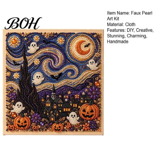 Fall Holiday Decoration Halloween Faux Pearl Art DIY Kit, 3D Bead Embroidery Craft Set, Spooky Handmade Ghost Pumpkin Goat Witch Wall Art, Seasonal