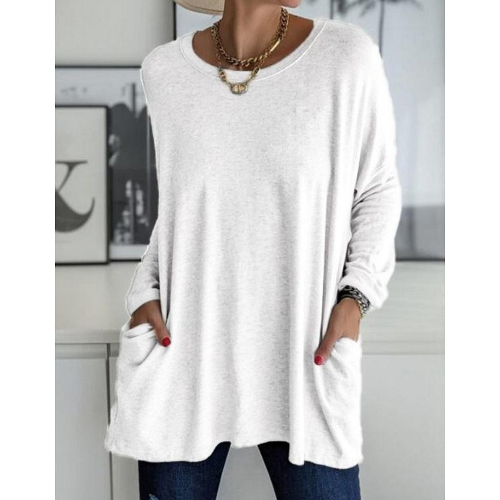 Женская повседневная весенне-летняя туника с карманами, топ с круглым вырезом, рубашка с длинными рукавами, модная свободная однотонная футболка большого размера