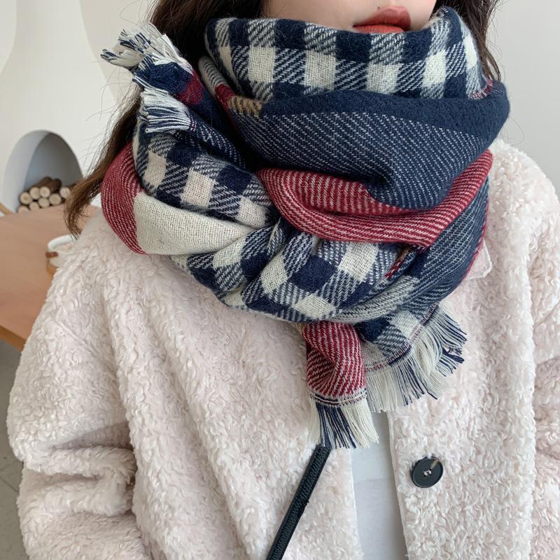 Imitation Cashmere Scarf, Women's Autumn and Winter Fashion Double-sided Plaid Scarf, Student Thickened Warm Shawl, Gift Scarf