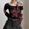 Classic Asymmetrical Women's Grunge Punk Arm Gloves Cold Shoulder Red Star Pattern Black Crop Top Y2k E-girl T-shirt
