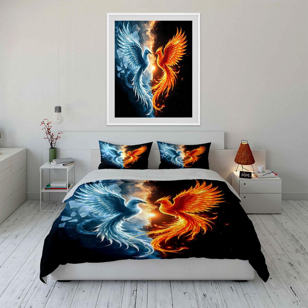Fire and Ice Phoenix Battle Bedding Duvet Cover Set (1*Duvet Cover 2*Pillowcases, without duvet insert)