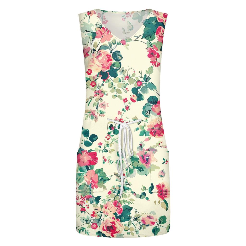 Women's Summer Fashion Casual Printed V-Neck Sleeveless Dress With Pockets