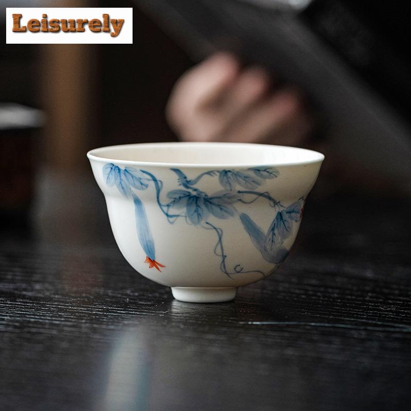 90ml Hand-painted Loofah Master Cup Dehua White Porcelain Teacup Single Master Cup Large Gourd Tea Bowl Kung Fu Teaset Drinkware