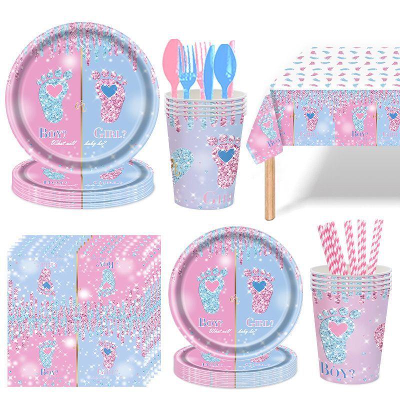 Набор одноразовой посуды и скатертей для вечеринки в стиле "Пол ребенка", тематическое оформление сцены