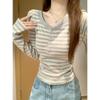 Contrasting Striped Semi-open Neck Button Front Shoulder Long-sleeved T-shirt Women's Spring New Slim-fit Spice Girl Top Base
