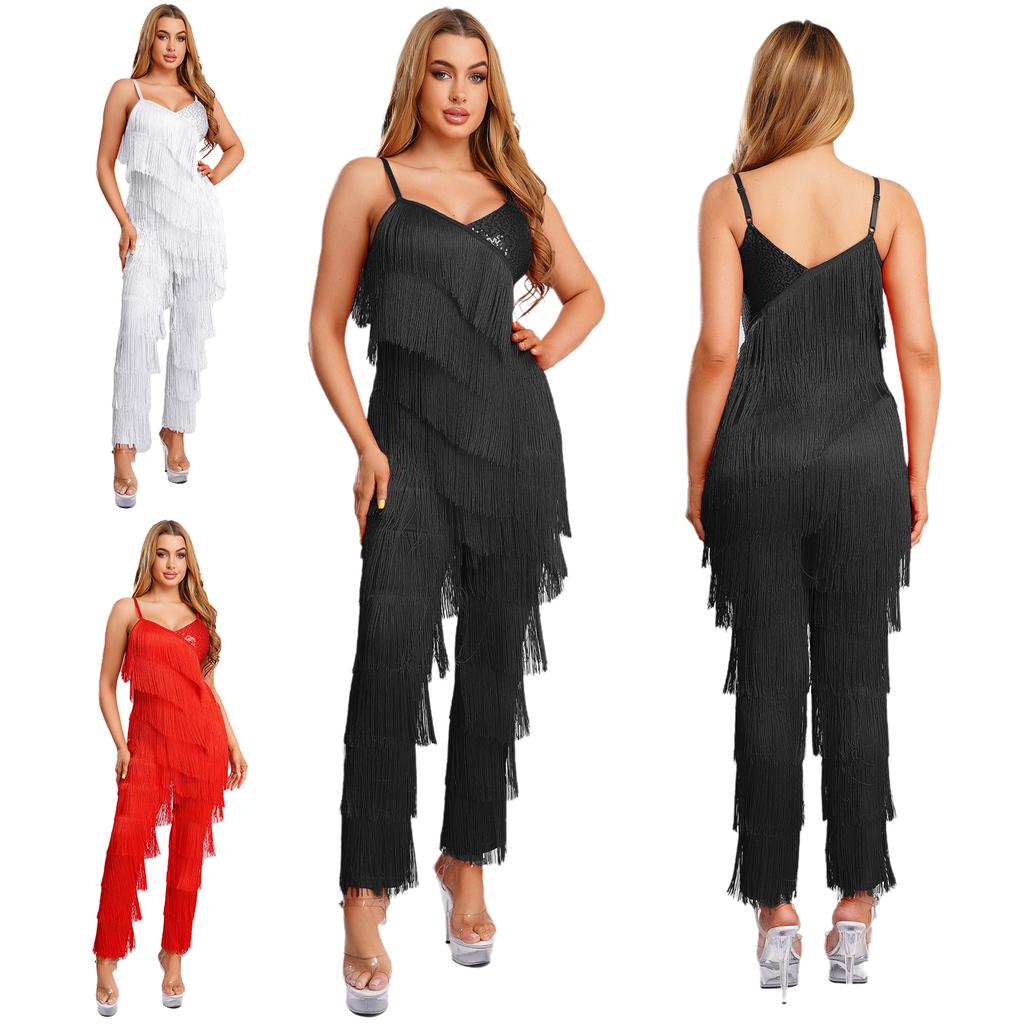 S-XXL Women‘s Latin Dance Fringe Jumpsuit Sparkly Sequin Tassel Layered Cami Romper Long Pants Bodysuit for Cha-Cha Tango Salsa