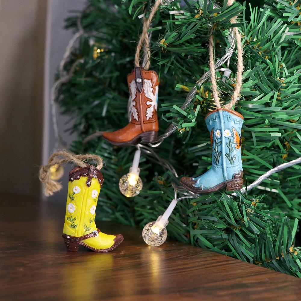 3pcs Christmas Decorations Resin Cowboy Boots Small Figurine Xmas Tree Hanging Ornaments American Style Home Decor New Year Gift