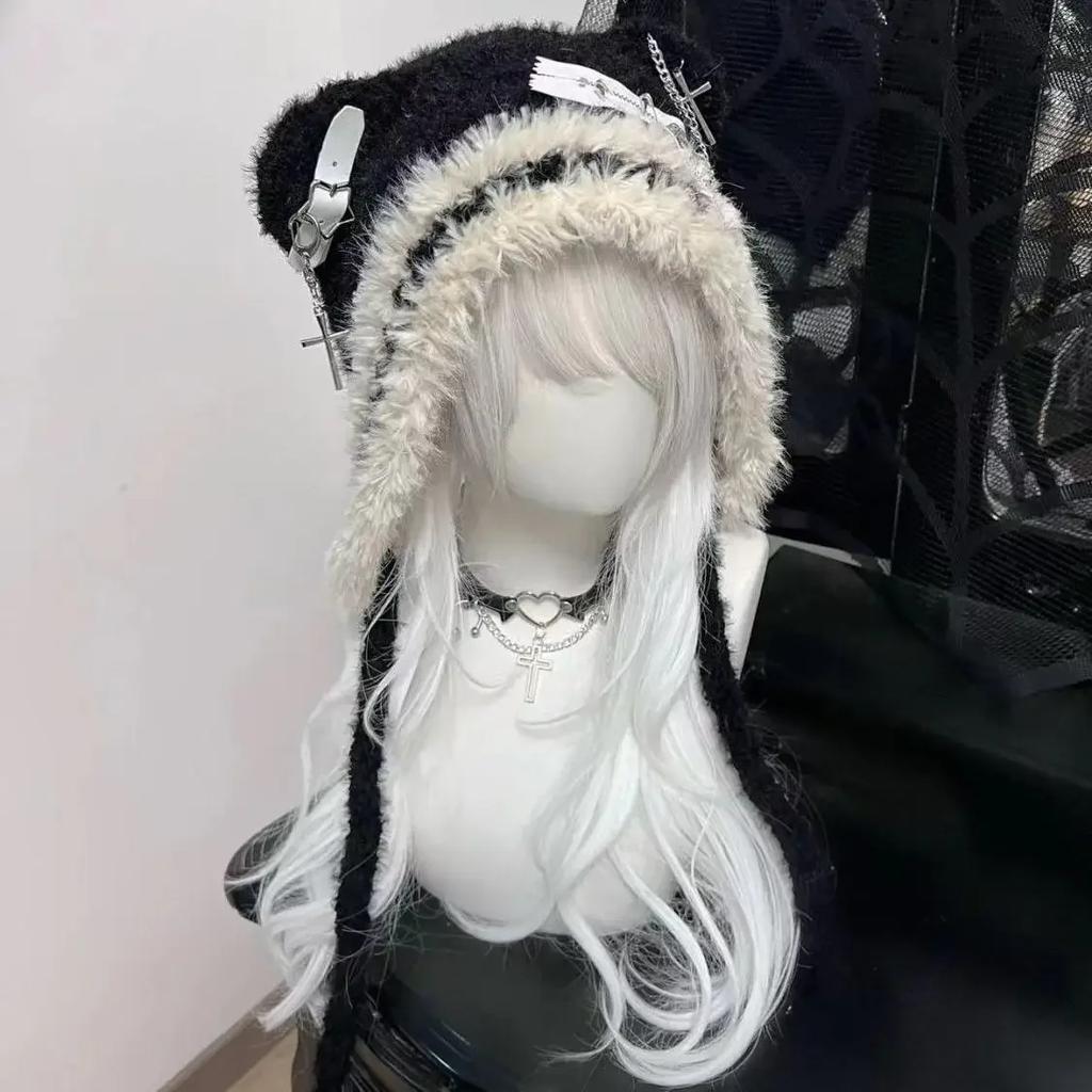 Harajuku Gothic Lolita Вязаная шапка с кошачьими ушками Женская панк-дизайнерская зимняя черная шапка-бини Милая шапка Женские аксессуары Кепка
