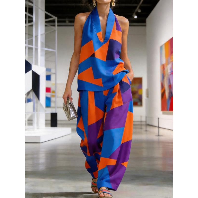 1116 set European and American women's clothing printed neck V-neck sleeveless casual pants set