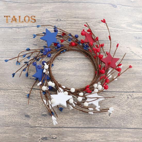 Patriotic Candle Ring Wreath Red White Blue Star Mixed Artificial Berry Candle Wreath Mini Pillar Candle Holder for 4th of July Tabletop Decor
