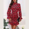 Women Summer Floral Sleeve Dress Casual Party Wear Slim Stand Collar Ruffled Edge Wrap Hip Skirt