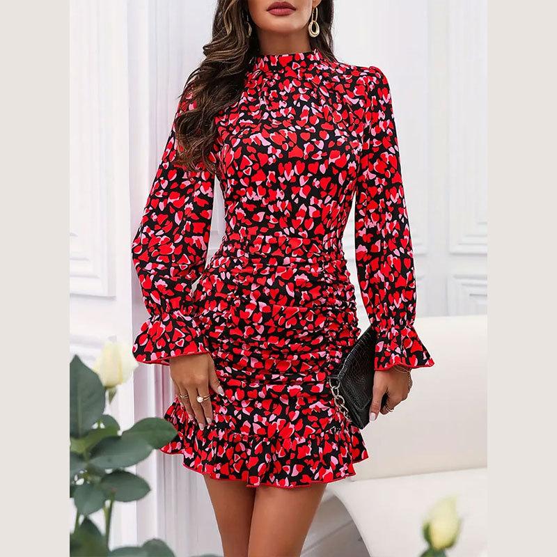 Women Summer Floral Sleeve Dress Casual Party Wear Slim Stand Collar Ruffled Edge Wrap Hip Skirt