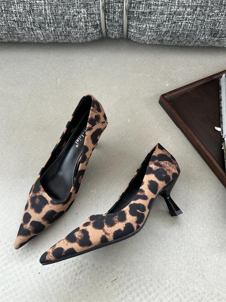 Office Footwear Leopard Print Women Pumps Heeled Shoes Fashion Pointed Toe Ladies Low Heel Shoes Career Female Slides Sandals