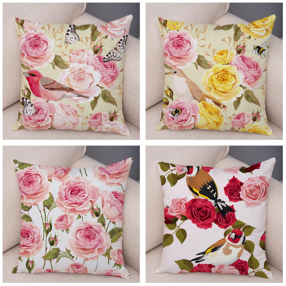 Rose Red Flower Pillowcase Decorative Bird Flower Plant Pillowcase Cushion Sofa Home Car