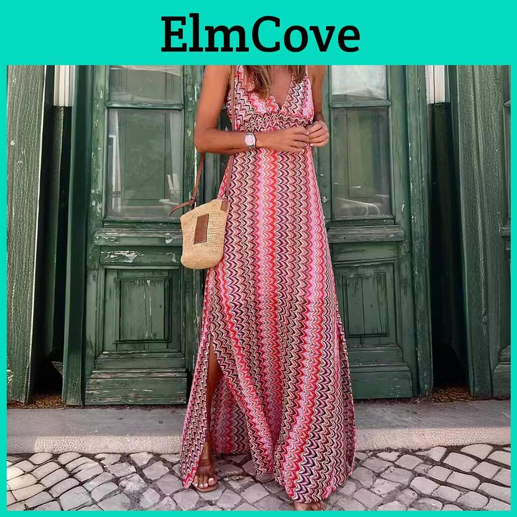Summer Womens Vneck Printed New Suspender Slit Dress