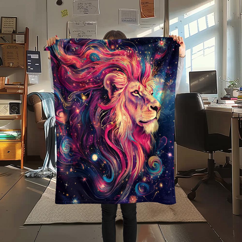 Starry Sky Lion Print Flannel Blanket, High quality Comfortable for All Seasons, Home Decor, Warmth and Comfort