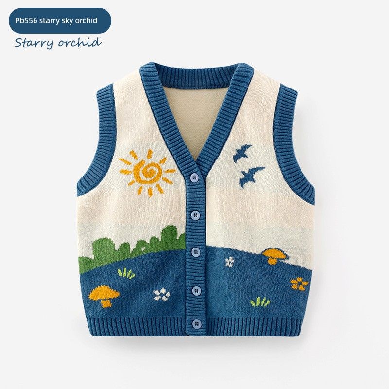 Children's Clothing Boys and Girls Pastoral Style Knitwear Baby Vest Vest Cardigan Spring and Autumn Cartoon Children's Vest Sweater