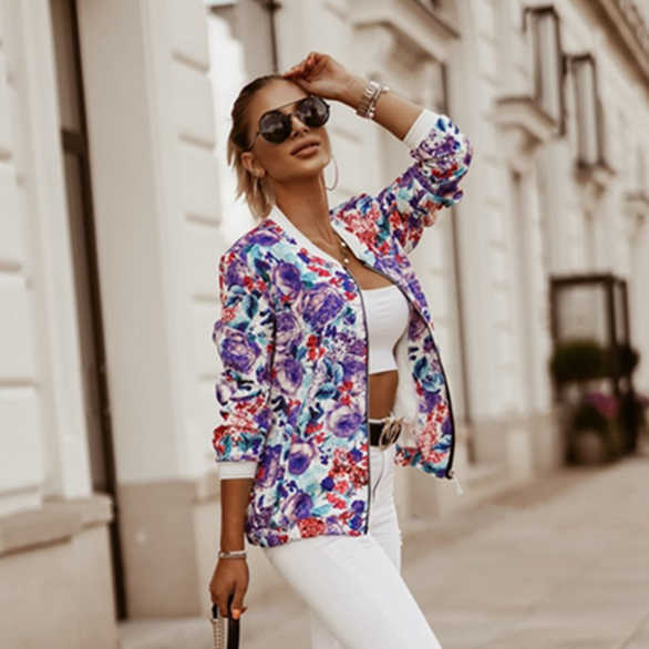 Fashion Women's Printed Long Sleeve Bomber Jacket Retro Zip Top Slim Basic Ladies Jacket