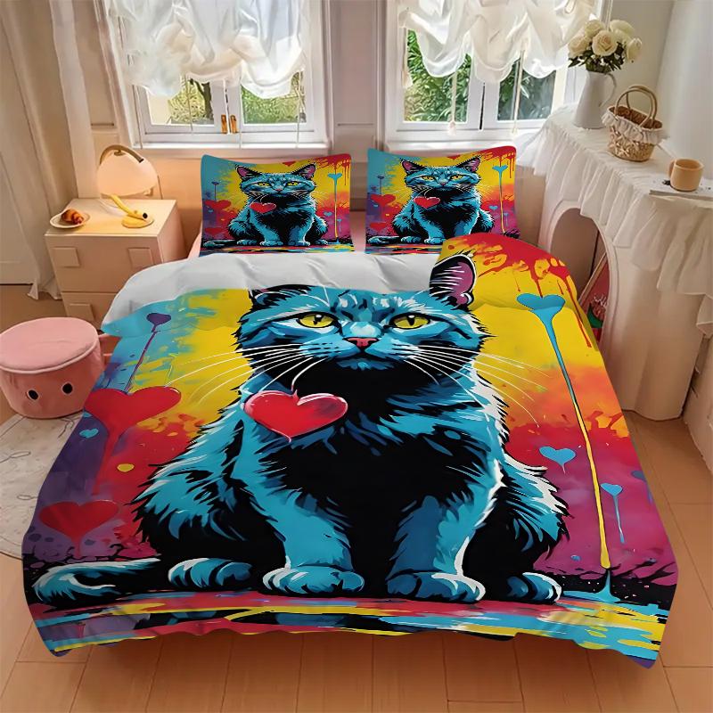 3Pcs Colorful Cat Reflection Bedding Set Soft Fabric Duvet Cover Pillowcases Home Christmas Xmas Halloween Gift 1 Duvet Cover 2 Pillowcase G1203
