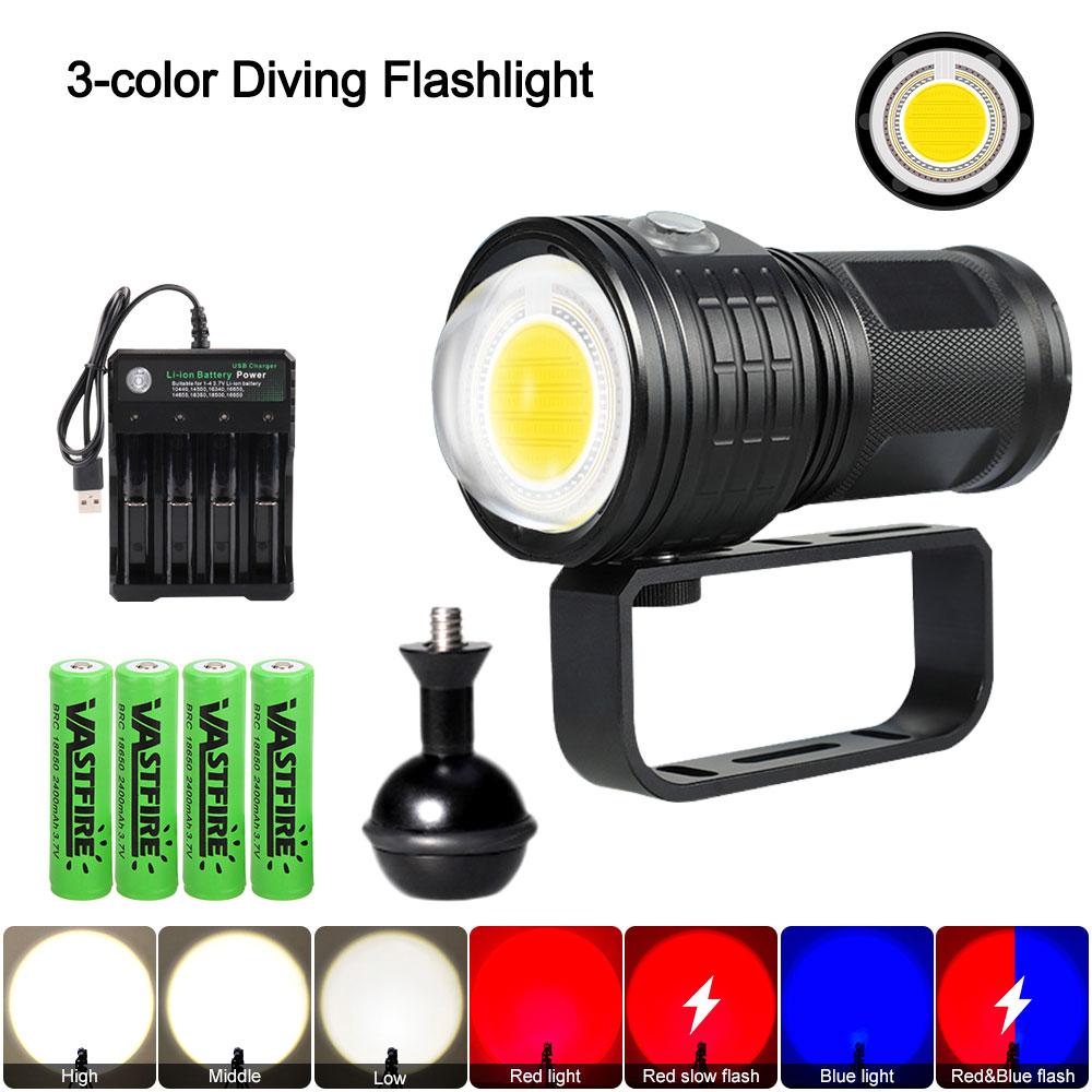 50W 10000LM White&Red&Blue COB LED Diving Flashlight Underwater 80m IPX8 Photography Video Fill Light Scuba Diving Lantern Lamp