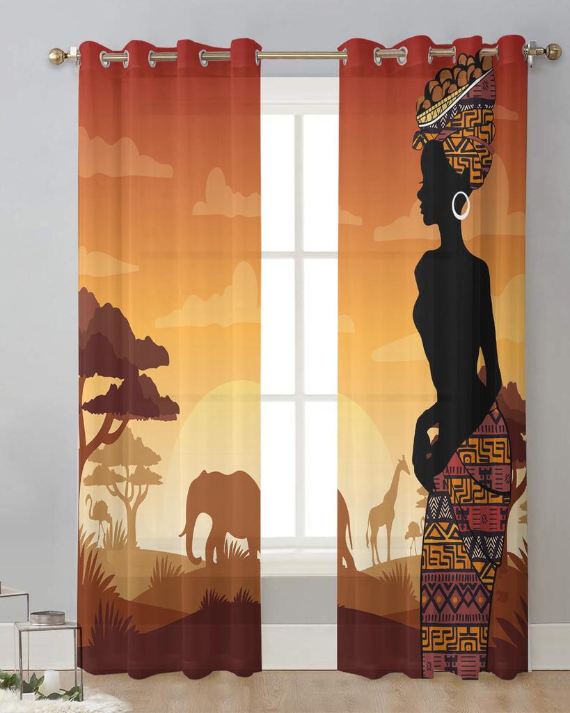 Africa Woman Giraffe Elephant Silhouettes Sheer Curtains for Living Room Decoration Window Curtains Kitchen Tulle Voile Curtains