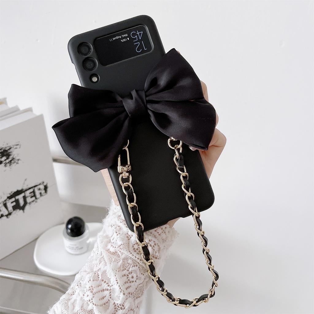 Fashion Korean Cute Silk Bow Leather Bracelet Chain Phone Case For Samsung Galaxy Z Flip 4 Z Flip 3 Zflip 5g Protective Cover