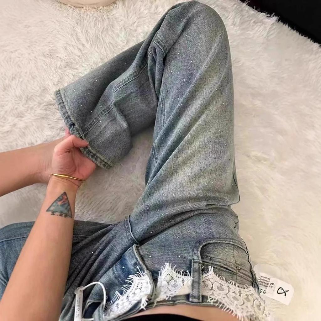 Женские джинсы с высокой талией и стразами - Широкие штанины, Свободный крой, Длина в пол, Летний стиль