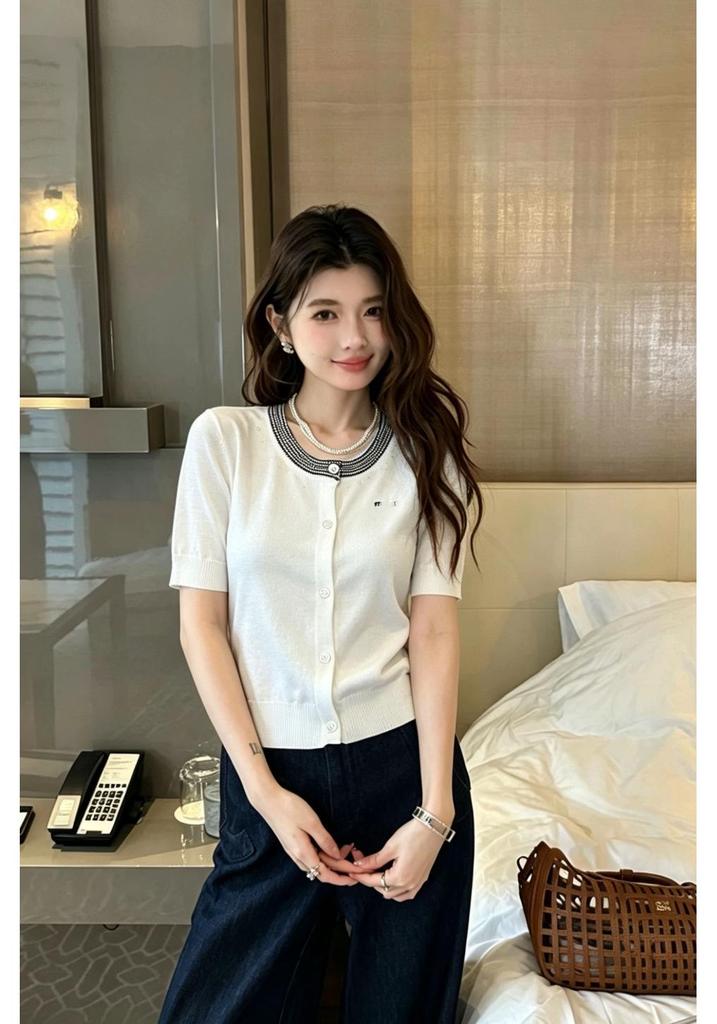 Trendy Miu Style European Knit Cardigan - Short Sleeve, Loose Fit, Casual, Versatile Top