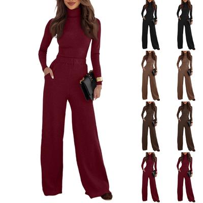 Женский трикотажный костюм-двойка: Пуловер из трикотажа с высоким воротником + Брюки широкого кроя