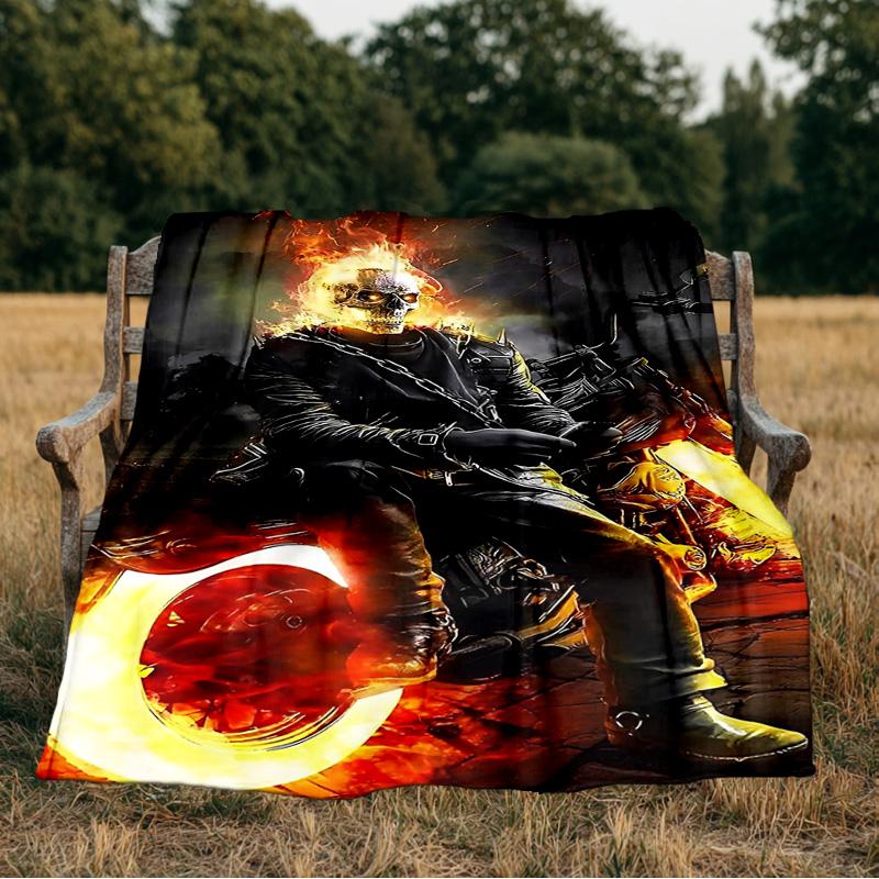 Ghost-Rider On Fire Blanket Flannel Throw for Sofa, Indoor, Camping, Living Room, Office, Chair, And Bed Soft Birthday Gift
