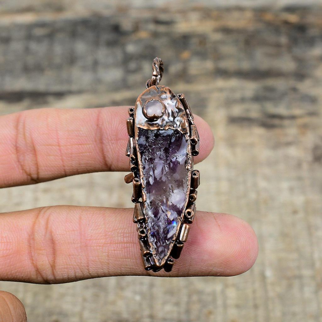 African Amethyst Rough Pendant Electroformed Copper Pendant Rose Quartz Pendant Handmade Gemstone Pendant Electroformed Jewelry Gift For Her