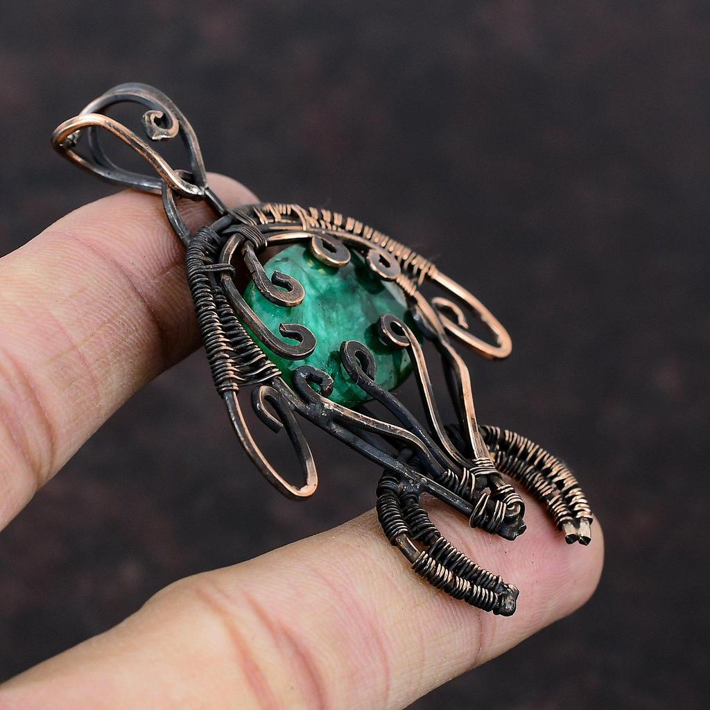 Ограненный замбийский изумрудный кулон, медная проволока, обернутая кулоном, черепаховый кулон, драгоценный камень, ювелирные изделия ручной работы, женский кулон, медные ювелирные изделия для подарка