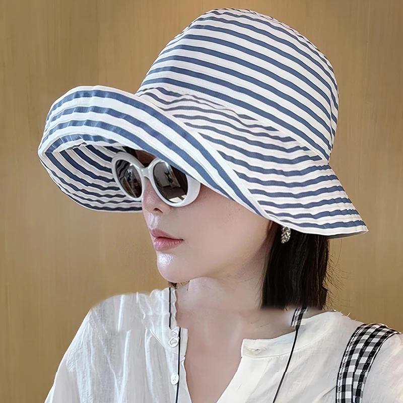 New Japanese Foldable Striped Bucket Hat, Women'S Upf 50+ Summer Sun Hat, Oversized Fisherman Cap Trendy Beach Accessories