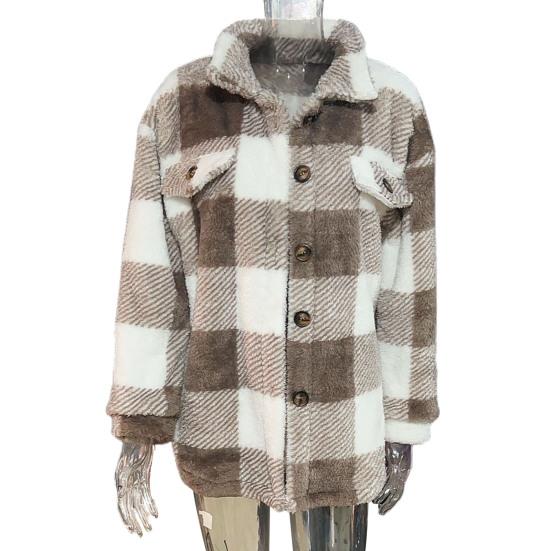 Fall Winter Women Jacket with Fake Pockets Contrast Color Plaid Print Plus Size