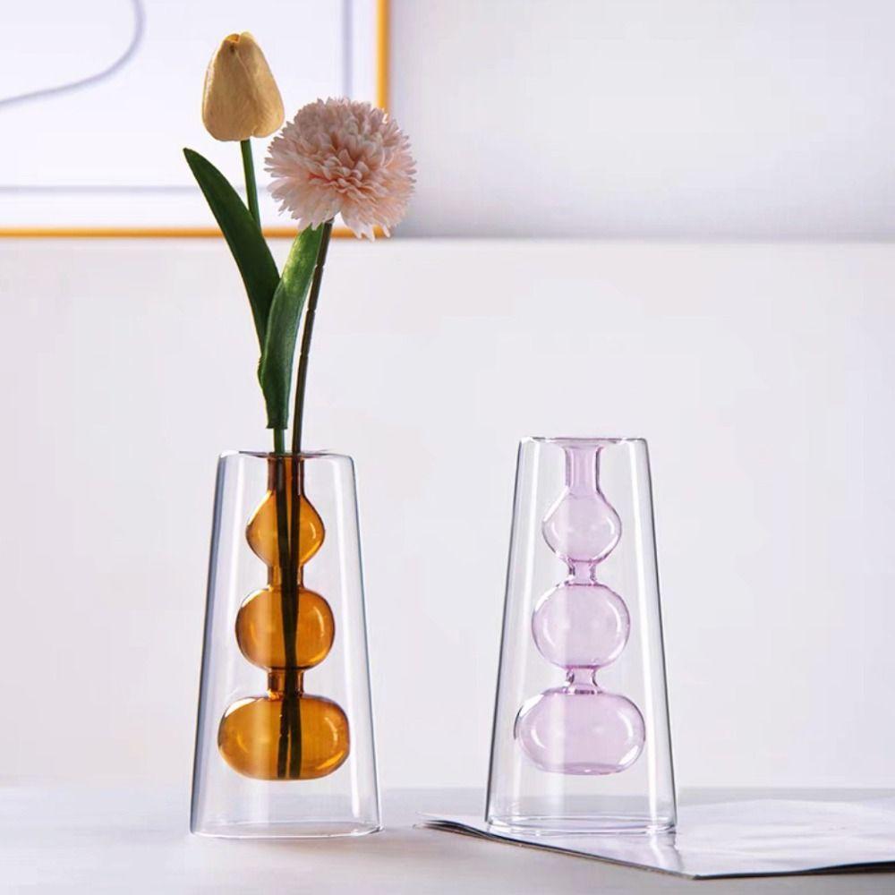 Minimalism Double-layer Flower Vase Creative Aromatherapy Diffuser Bottle Colored Glass Vase Gift