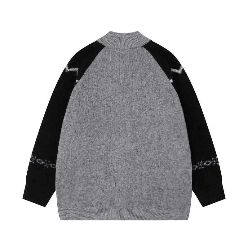 Unisex Vintage American Style Cropped Knit Cardigan With Colorblock Jacquard Loose Fit Winter