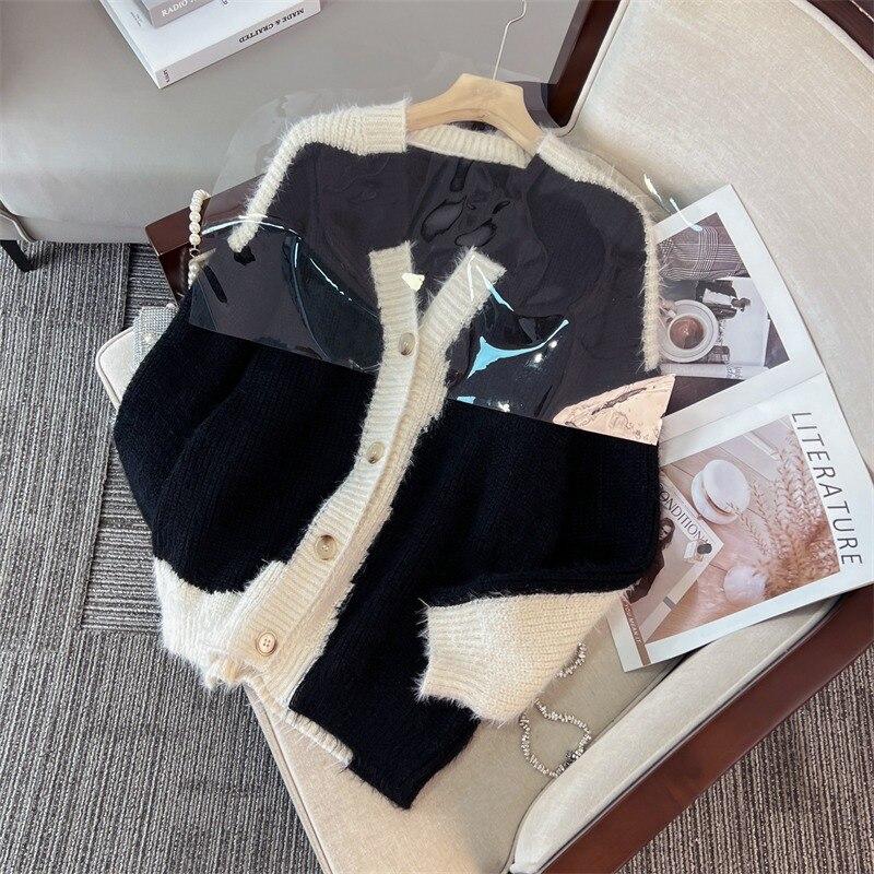 Осень-зима, вязаный кардиган с v-образным вырезом, женский 2023, повседневный кашемировый свитер с имитацией норки, женские свободные винтажные кардиганы 28135