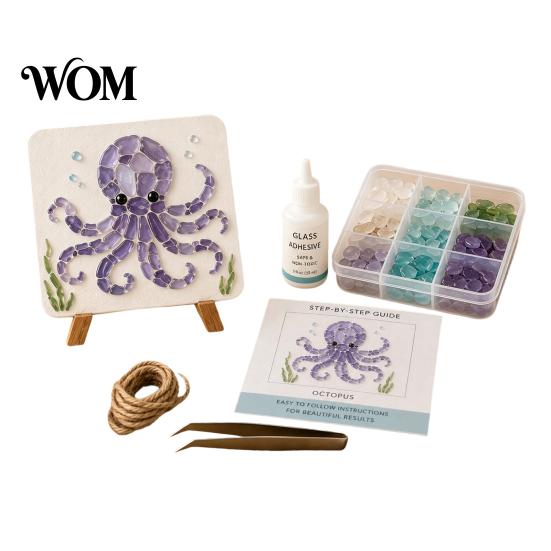 DIY Craft Kits for Adults Sea Glass Art Mosaic Kit, Ocean Animal Themed Set Octopus Decor Crafting Beginner, Handmade Material Pack Coastal