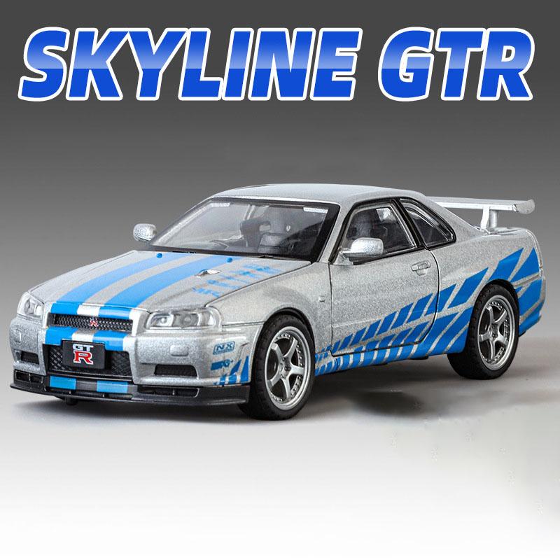 1:Масштаб 32 SKYLINE GTR R34 Спортивный Автомобиль Модель Игрушка Металл Литье под Давлением Оттяжка Свет Музыка 4 Двери Открываются Транспортные Средства Украшения Подарки