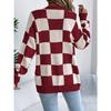 GMXIA Autumn and Winter Color-blocking Checkered Lantern Sleeve Cardigan Sweater Mid-length Coat Women's Wear