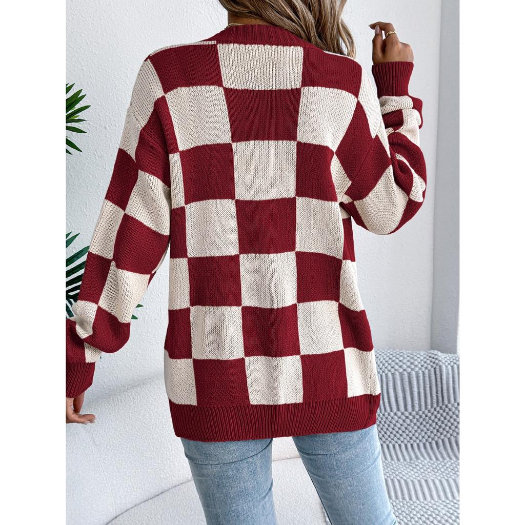 GMXIA Autumn and Winter Color-blocking Checkered Lantern Sleeve Cardigan Sweater Mid-length Coat Women's Wear
