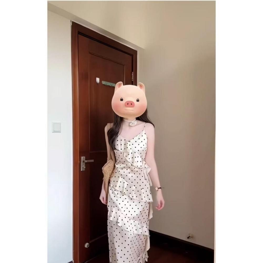 Платье-сарафан в горошек в студенческом стиле для повседневной женской одежды, новая весенняя модель, с завышенной талией и тонкое, с французской отделкой оборками в виде лепестков лотоса, длинная юбка