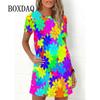 Ladies Spring Summer Dress Rainbow Flowers Print Dress Fashion Elegant Short Sleeve O-Neck Oversized Casual Party Wear Sundress