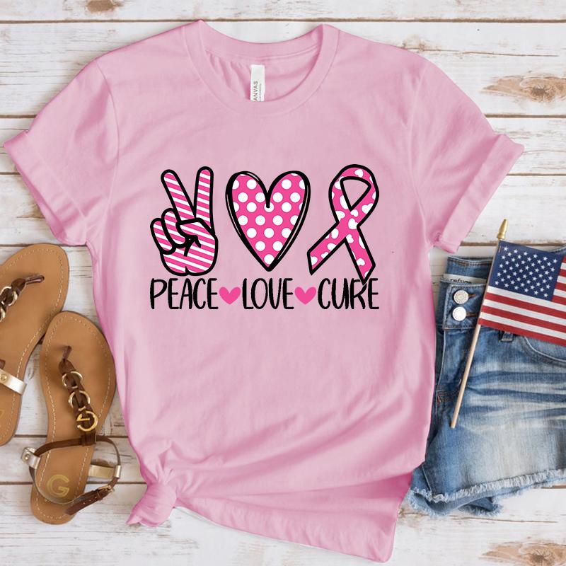 Новая Забавная Футболка с Принтом 'Мир Любовь Исцеление' для Повышения Осведомленности о Раке Груди, Унисекс, Короткий Рукав, Круглый Вырез, Летняя Повседневная Футболка с Буквами, Топ