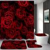 4Pcs Bathroom Shower Curtain Set Red Rose Bathroom Curtain With 12 Hooks Non Slip Rugs Toilet Cover Mat Bathroom Partition