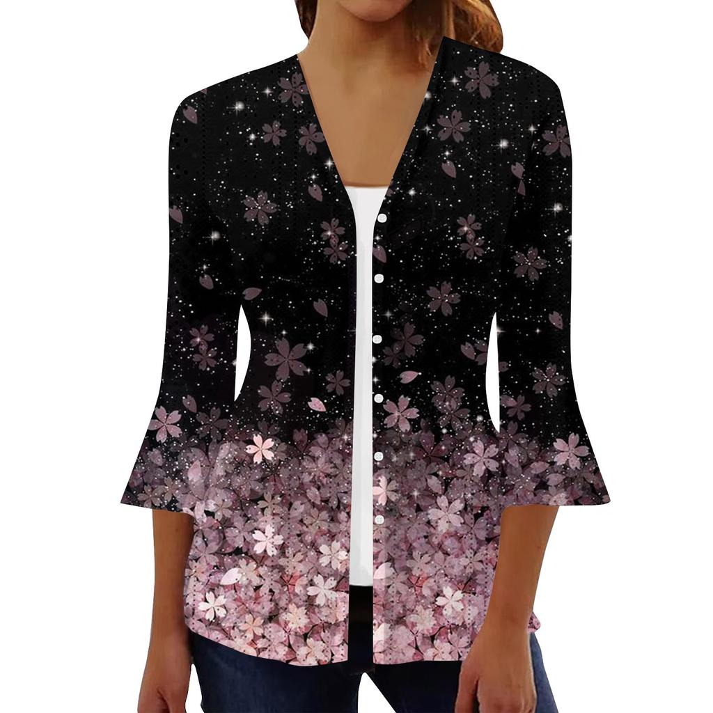 Women's Fashion Loose Casual Printed Three-quarter Sleeve Button Shirt Cardigan Top