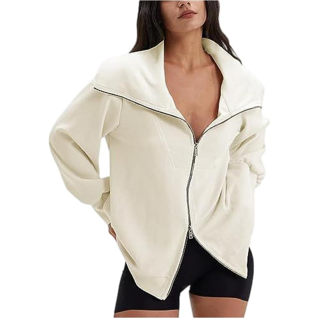 Women's Comfortable Casual And Fashionable V-neck Long Sleeved Solid Color Double Zipper Sports Shirt Jacket