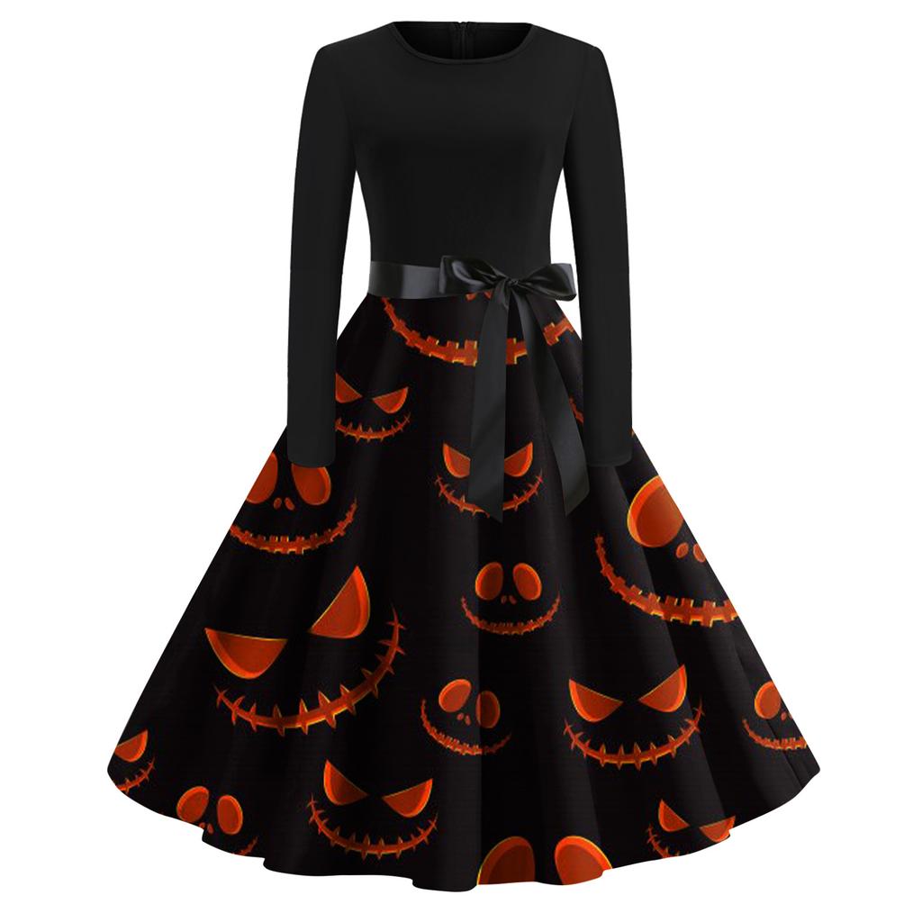 Женское расклешенное платье с принтом на Хэллоуин для женщин, платье с длинным рукавом, вечерние повседневные платья