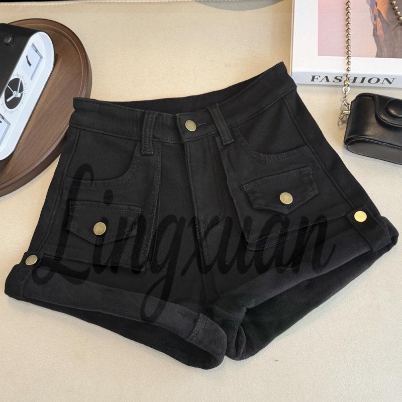 Autumn/Winter Plus Velvet High-Waisted Slimming A-Line Denim Shorts with Rolled Hem and Cargo Style